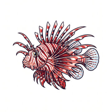 Red lionfish swimming isolated on white background, exotic tropical ocean marine life vector illustration. 