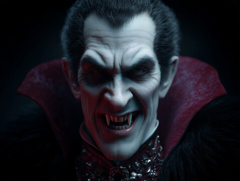 Dark 3D vampire character with pale skin, sharp fangs, and dramatic gothic lighting