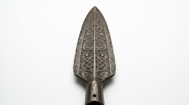 Ancient spearhead with intricate carvings on white background