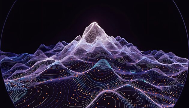 Mountain range topography displays complex digital data patterns.