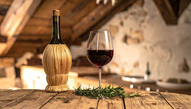 Red Wine Bottle and Glass on Rustic Wooden Table.