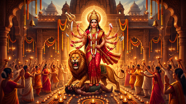A depiction of goddess durga riding a lion surrounded by devotees in a richly decorated temple setting hinduism deity divine