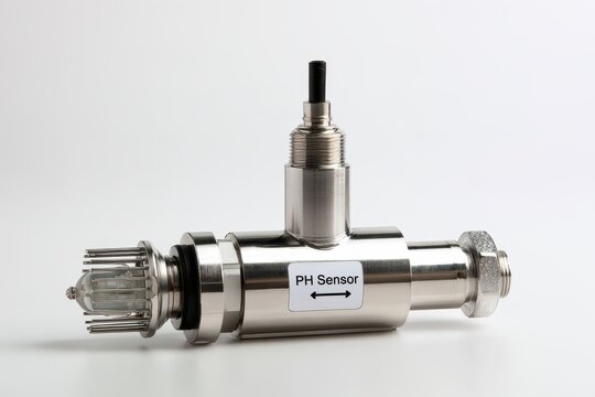 A metallic industrial pH sensor probe for liquid measurement isolated on white background.