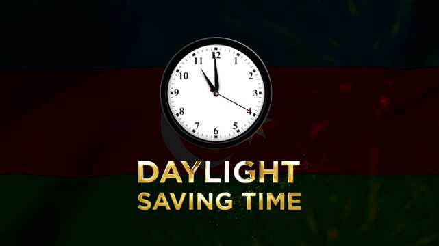 Daylight saving time concept featuring a wall clock with text on a glowing particle background