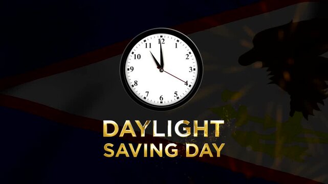 Daylight saving time concept featuring a wall clock with golden particles and the flag of American Samoa