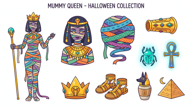Egyptian mummy queen halloween collection with colorful bandages and ancient mystical symbols.