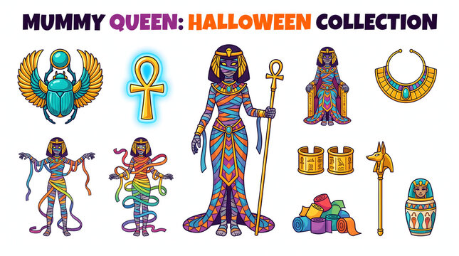 Ancient Egyptian mummy queen Halloween illustration set with scarab ankh and colorful bandages