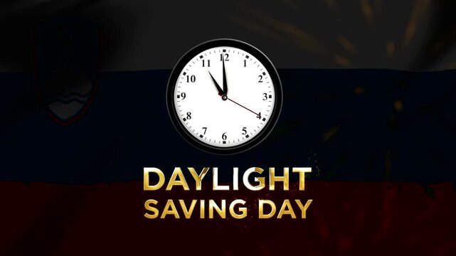 Daylight saving time concept with a clock face and gold text over the national flag of Slovenia