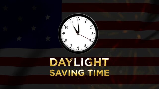 Daylight saving time concept with a clock face and golden text over the United States flag background