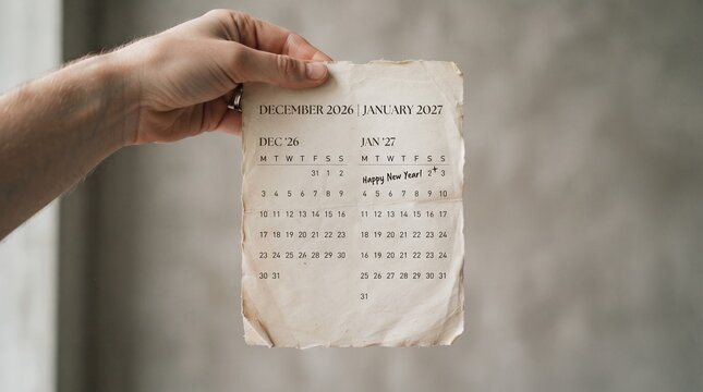 Person holding vintage calendar page showing december 2026 to january 2027 transition with new year greeting