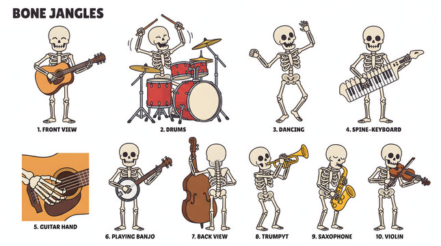 Funny cartoon skeleton band character set playing various musical instruments