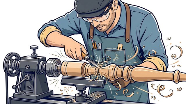 Craftsman turning wood on lathe white background.