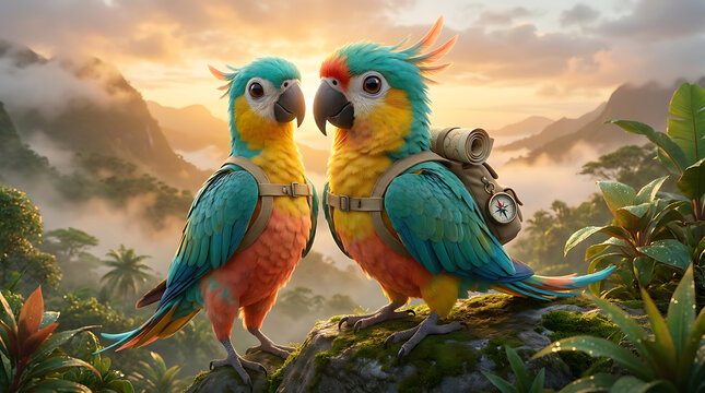Two cute colorful parrots wearing backpacks standing on a rock looking at each other in a beautiful tropical jungle landscape during a warm sunny sunset in the misty mountains