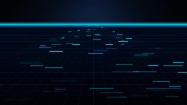Futuristic Digital Grid Background with Neon Blue Data Lines Moving Towards a Glowing Horizon Light