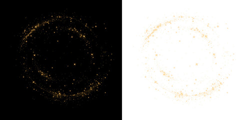 Golden glitter circular frame with glowing stars and sparkles. Luxury gold dust ring isolated for festive design © Sergey