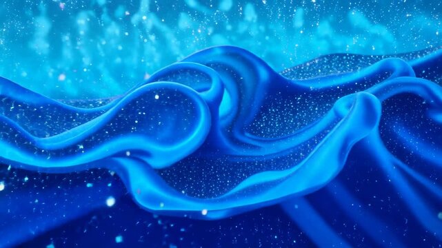 Blue liquid waves with sparkling particles flowing in a cosmic-like environment
