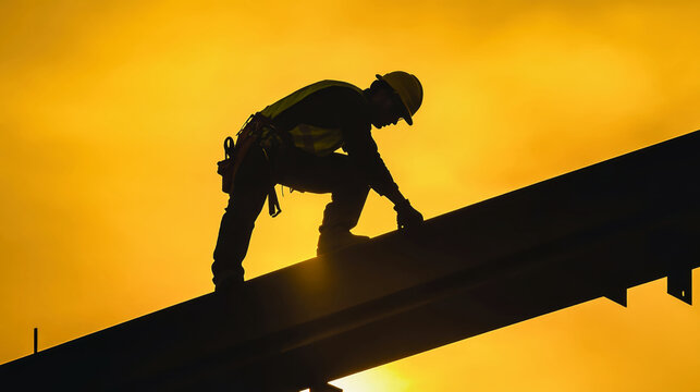 A construction worker stands on a steel beam amid ongoing work as the yellow sunset provides a bright backdrop, creating a striking silhouette