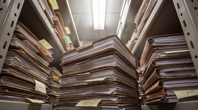 Organized and disorganized stacks of files and documents on shelves in a storage room.