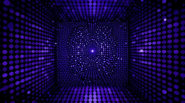 Purple digital tunnel with pulsating dots and central light source creating depth illusion