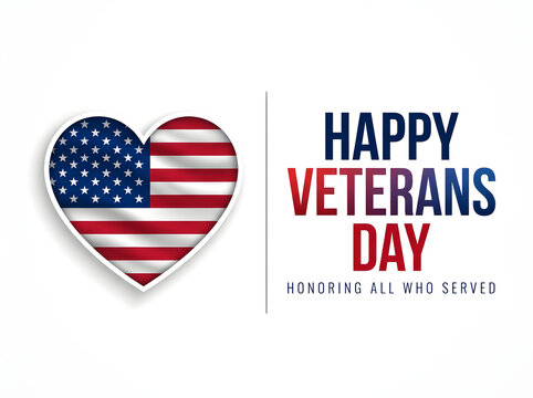 Happy Veterans Day greeting card with American flag heart and typography