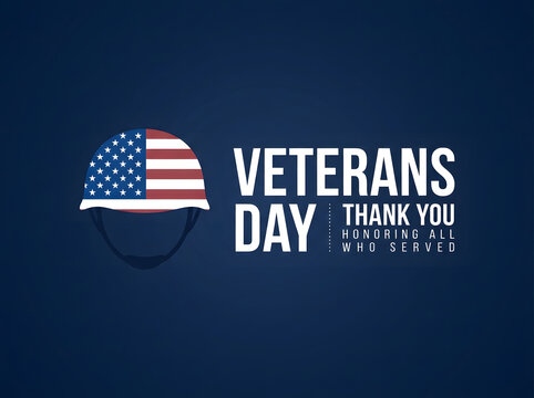 Veterans Day graphic with American flag helmet and honoring text on blue
