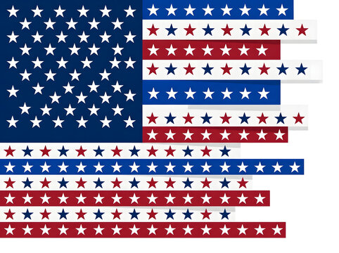 Abstract American flag design with layered red white and blue star stripes