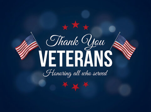 Thank You Veterans text graphic with American flags on a blue bokeh background