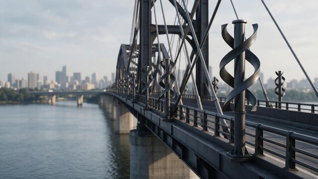 Modern bridge with helical  micro wind generation installed along the pedestrian walkway over a calm river with overlooking city skyline lamp posts