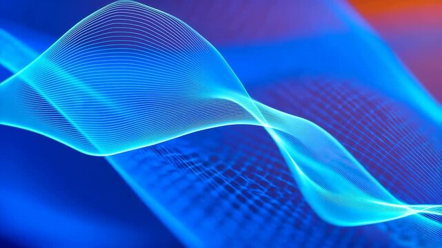 Smooth flowing blue and cyan wave lines undulate across a gradient background with glowing orange highlights. Futuristic backdrop inspired by fluidity and wave motion.