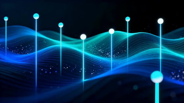 Blue glowing wave patterns with vertical light poles and floating spheres in a starry night backdrop