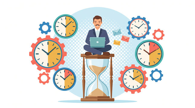 Businessman sitting on an hourglass working on a laptop with time management icons