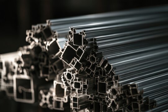 A close-up shot of stacked, metallic, extruded profiles, showcasing diverse shapes and textures