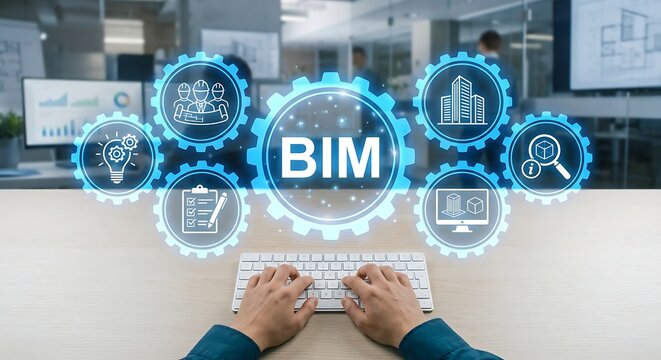 Building information modeling bim concept with glowing gear icons and construction design elements.
