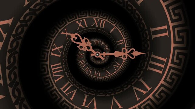 Spiral antique clock face with roman numerals and ornate hands rotating vintage designed in a hypnotic tunnel pattern