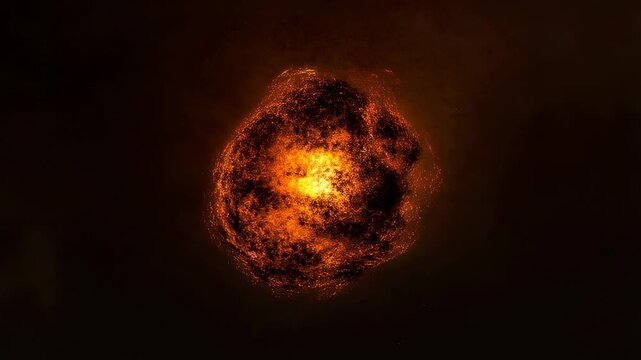 Glowing fiery sphere composed of pulsing and flickering particles in a dark background. Sphere expands and flows with a glowing core and haze effects, creating an abstract energy motion.