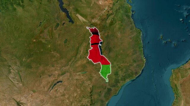 Malawi Country Map and National Flag Satellite Earth Zoom 3D Animation