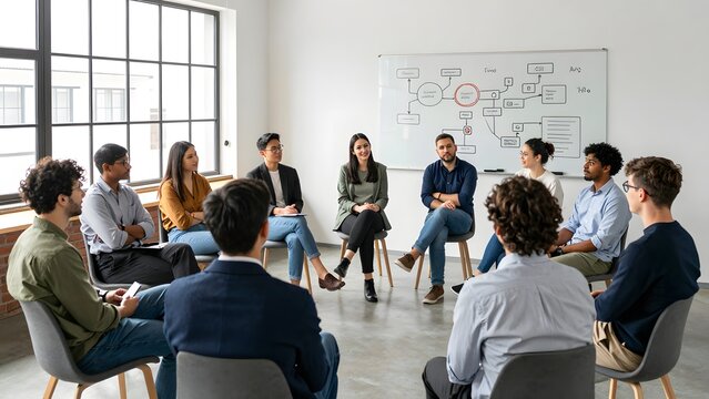 72, An open discussion circle of diverse startup founders in a sunlit loft incubator, natural postures, whiteboards with product roadmaps, candid authentic collaboration and venture innovation