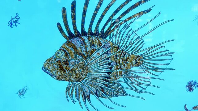A colorful scientific specimen of a Lionfish, prepared through diaphonization or "clearing and staining" revealing the complex bone and cartilage structures of the fish, using Alcian blue