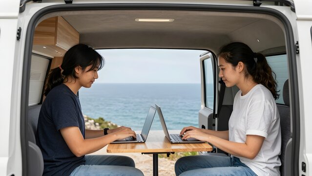 101, A candid moment of two remote colleagues co-working from a sun-drenched van life conversion parked on an ocean cliff, laptops open on a wooden fold-down desk, endless blue horizon