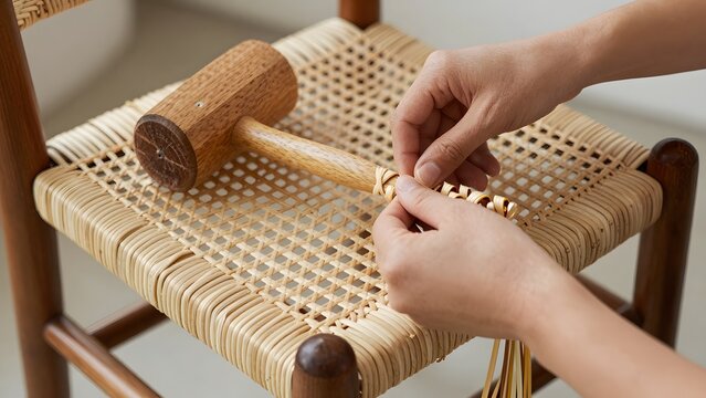 105, A tactile close-up of hands weaving natural rattan webbing onto a mid-century modern chair frame, wooden mallet, cane splints soaking in water, authentic furniture restoration