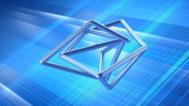 Metallic wireframe polyhedrons rotate and spin against a dynamic blue gradient background with glowing light streaks. Futuristic backdrop inspired by geometry and motion.