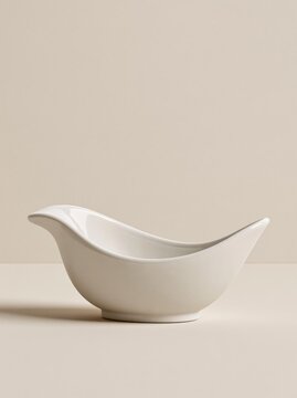 Empty white ceramic gravy boat isolated on a neutral beige background with copy space