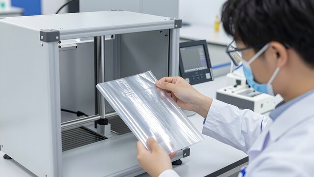 164, A sustainable circular packaging lab showing a researcher testing the tensile strength of an algae-based clear film wrap, digital testing rig, bioplastics development