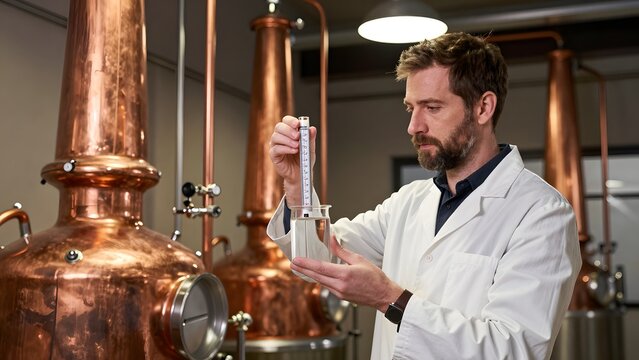 180, A craft distillery interior with gleaming copper pot stills, master distiller inspecting clear distillate in a glass hydrometer jar, warm atmospheric distillery lighting