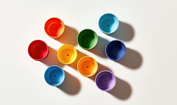 Scattered rainbow colored cups cast long shadows on a white surface