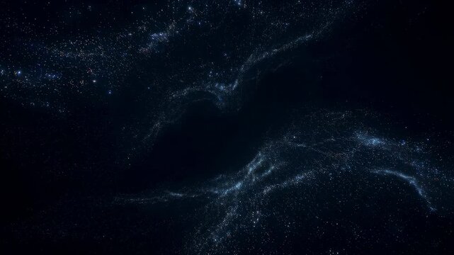 Blue and white particles flow and drift forming glowing wave-like structures on a dark background. Particles pulse and diffuse softly creating an abstract digital energy overlay effect.