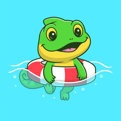 Obraz premium Cute Chameleon Swimming With Swimming Tires Cartoon 