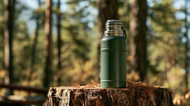 Green vacuum insulated thermos bottle standing on a tree stump in a forest