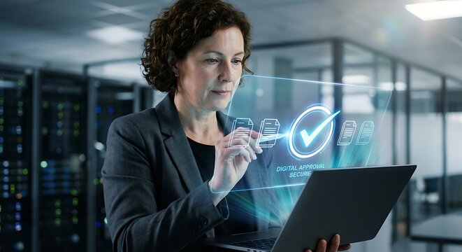 Businesswoman holding laptop and interacting with digital approval holographic interface in modern server room corridor.