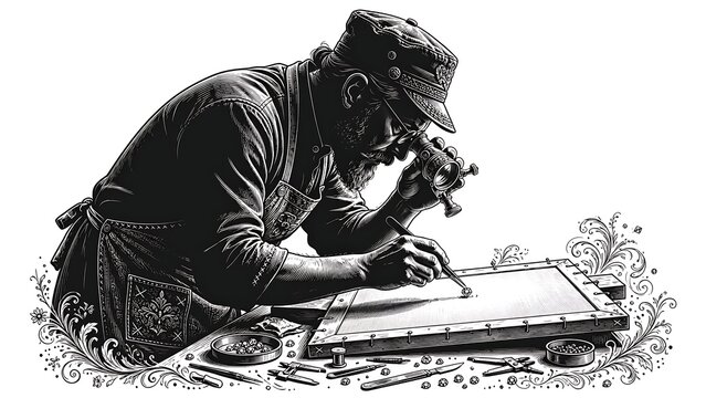 Historical artist drawing at desk white background.